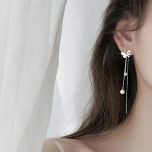 925 Silver Butterfly & Pearl Threader Earrings Long Dangle Tassel Drop Earrings
